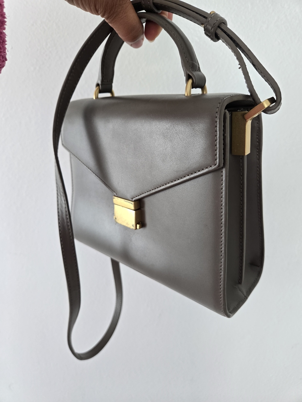 Quince Small Handle Crossbody Satchel w/ Detachable Strap Taupe Gold Hardware - Picture 16 of 16
